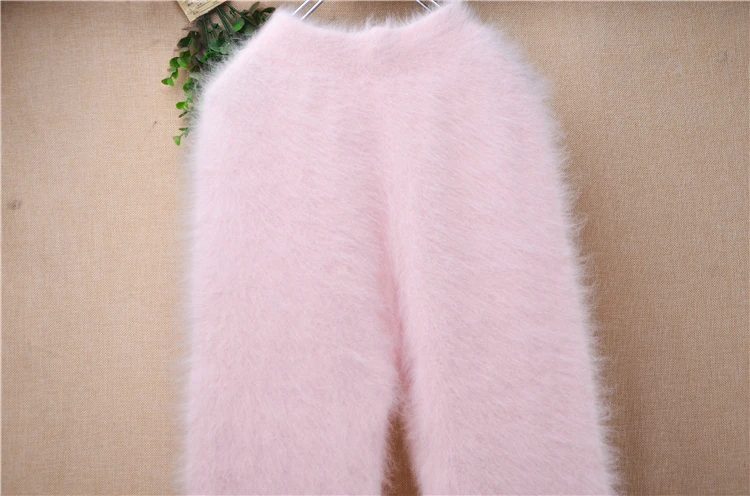 Ladies Women Fashion Sweet Pink Angora Rabbit Hair Knitted Warm Soft Autumn Winter Underwear High‑waisted Thermal Pants Trousers