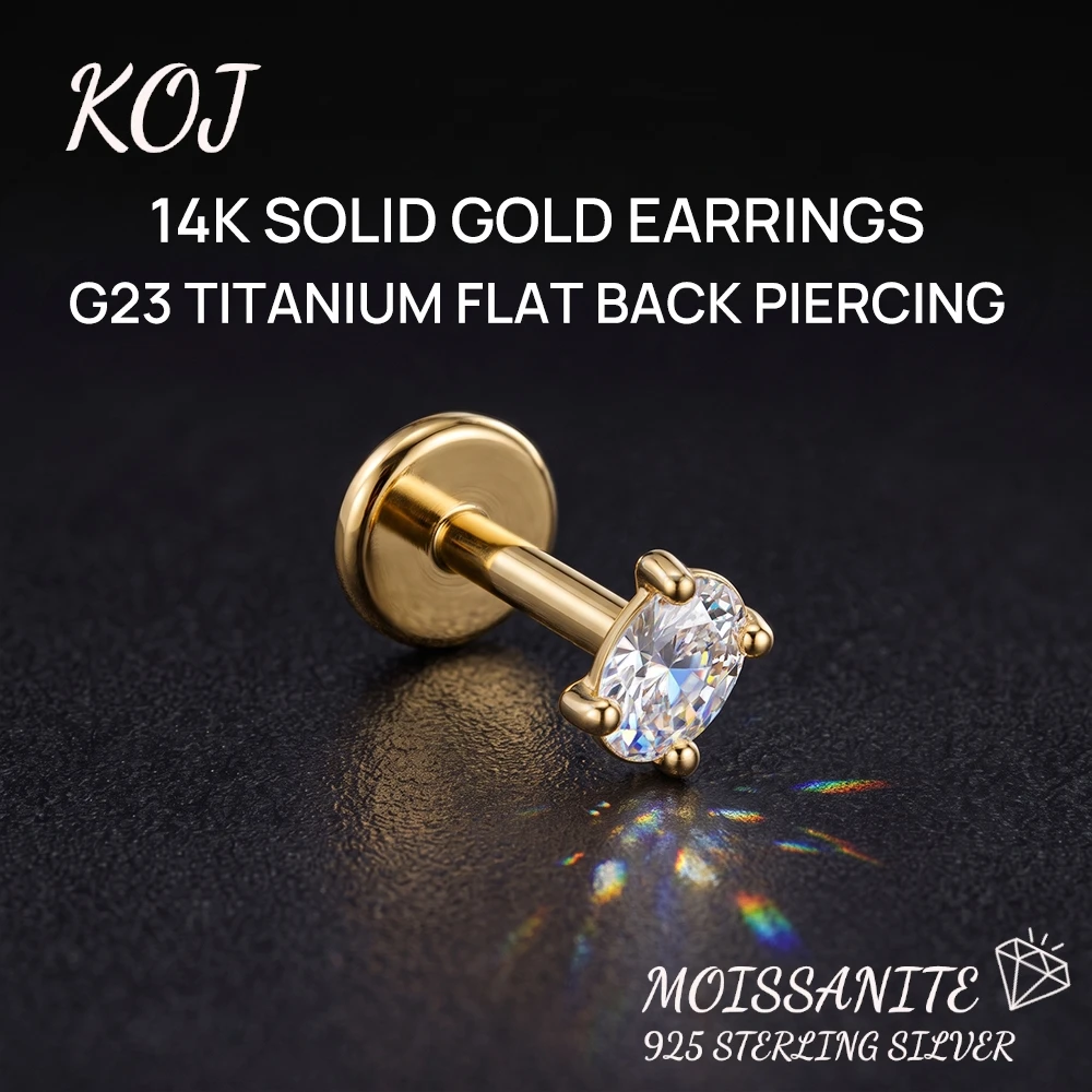 ROXI 1PC 14K Solid Gold G23 Implant Grade Titanium Flat Back Stud Marquise Oval CZ Piercing Cartilage Helix Tragus Ear Jewelry