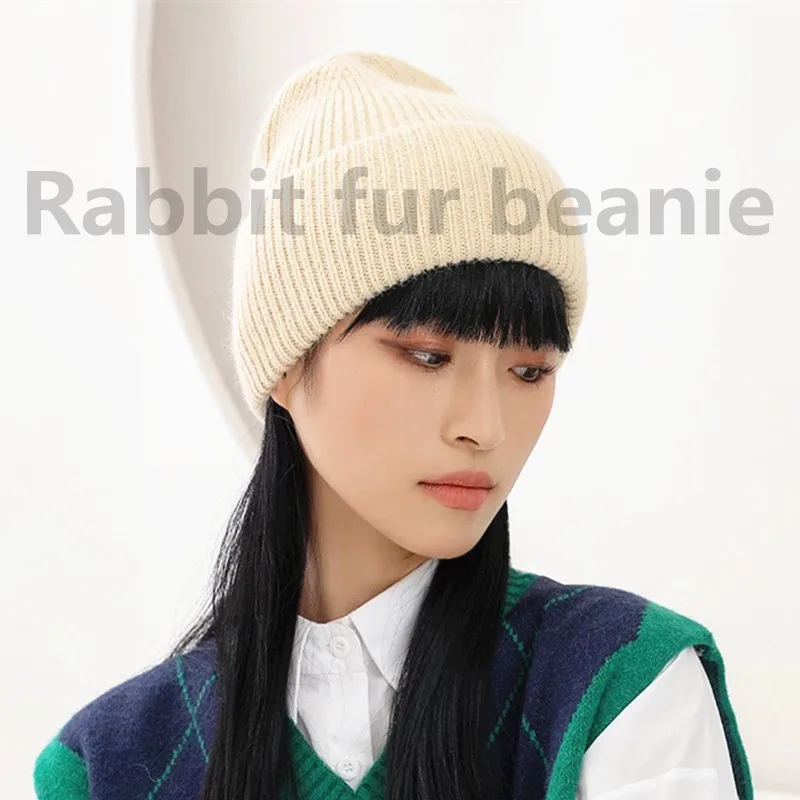 

Fluffy beanie hats Winter ladies casual soft leisure cap Curled warm knitted hat caps Rabbit fur hats for womens