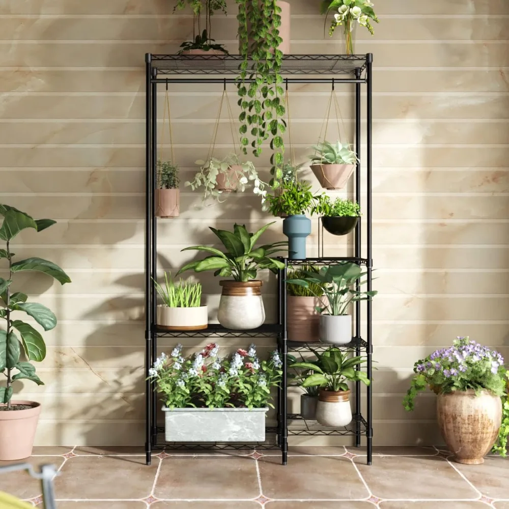 

6 Tier 16 Pots Flower Pots Holder Storage Shelf Flower Stands With hanger rod for Living Room Balcony and Garden,Black