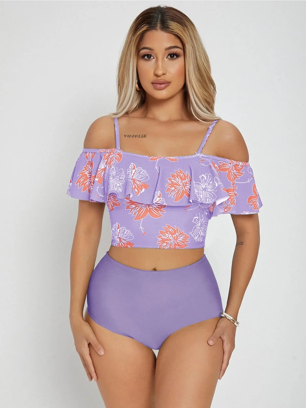 꽃 프린트 빅 프릴 여성용 투피스 수영복 하이 웨이스트 Tankini 비키니 세트 Bandeau Suspender Backless Beach 수영복