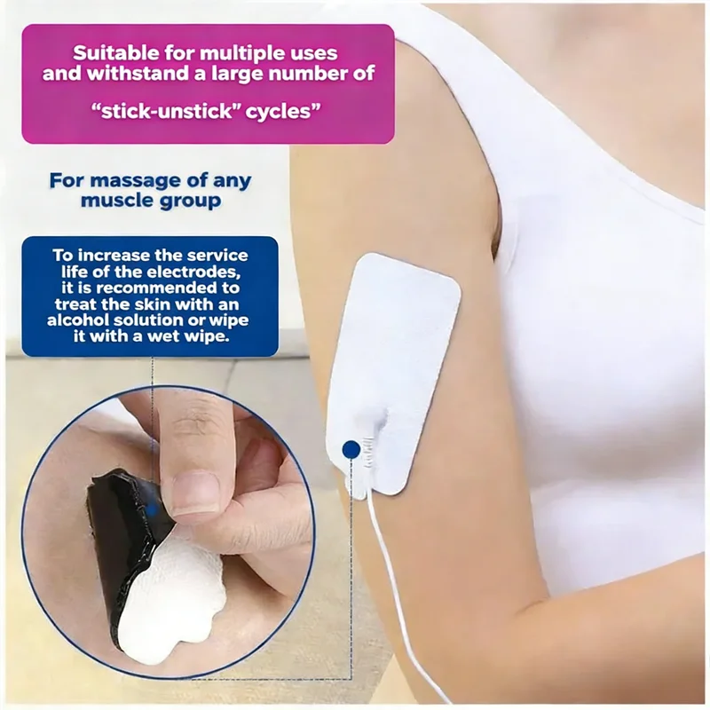 Electrodes for muscle stimulation massagers, 10 x 5 cm, pack of 10, with one 2.5 mm cable included.
