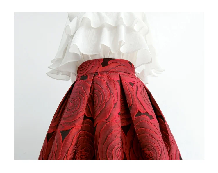 春と秋の新作レディースハーフ丈スカート、レトロAライン通勤ジャカードミディ丈パフスカート