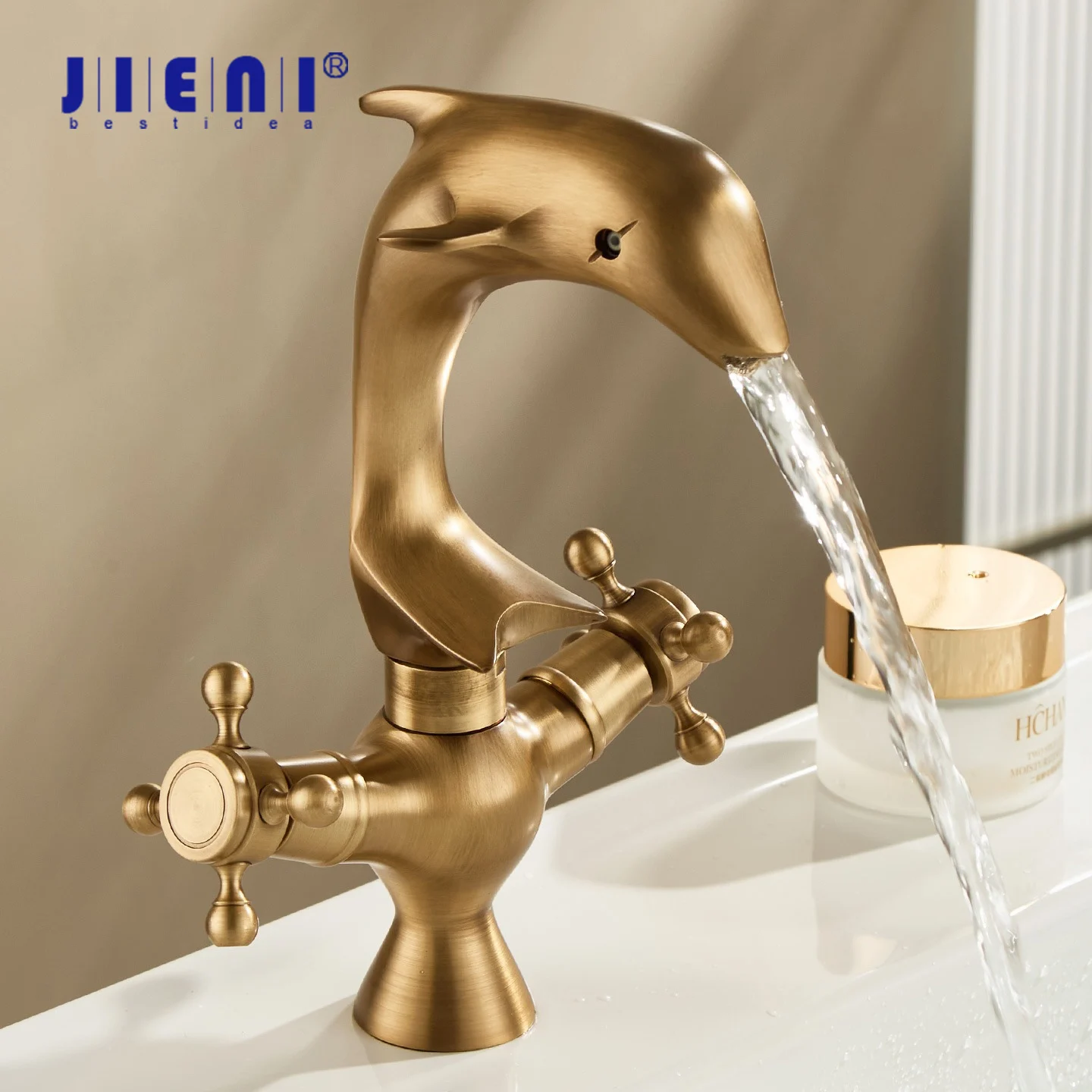 

JIENI Dolphin Shaped Bathroom Basin Faucet Antique Brass Two Handles Control Sink Faucets Deck Mounted Hot Cold Water Mixer Taps