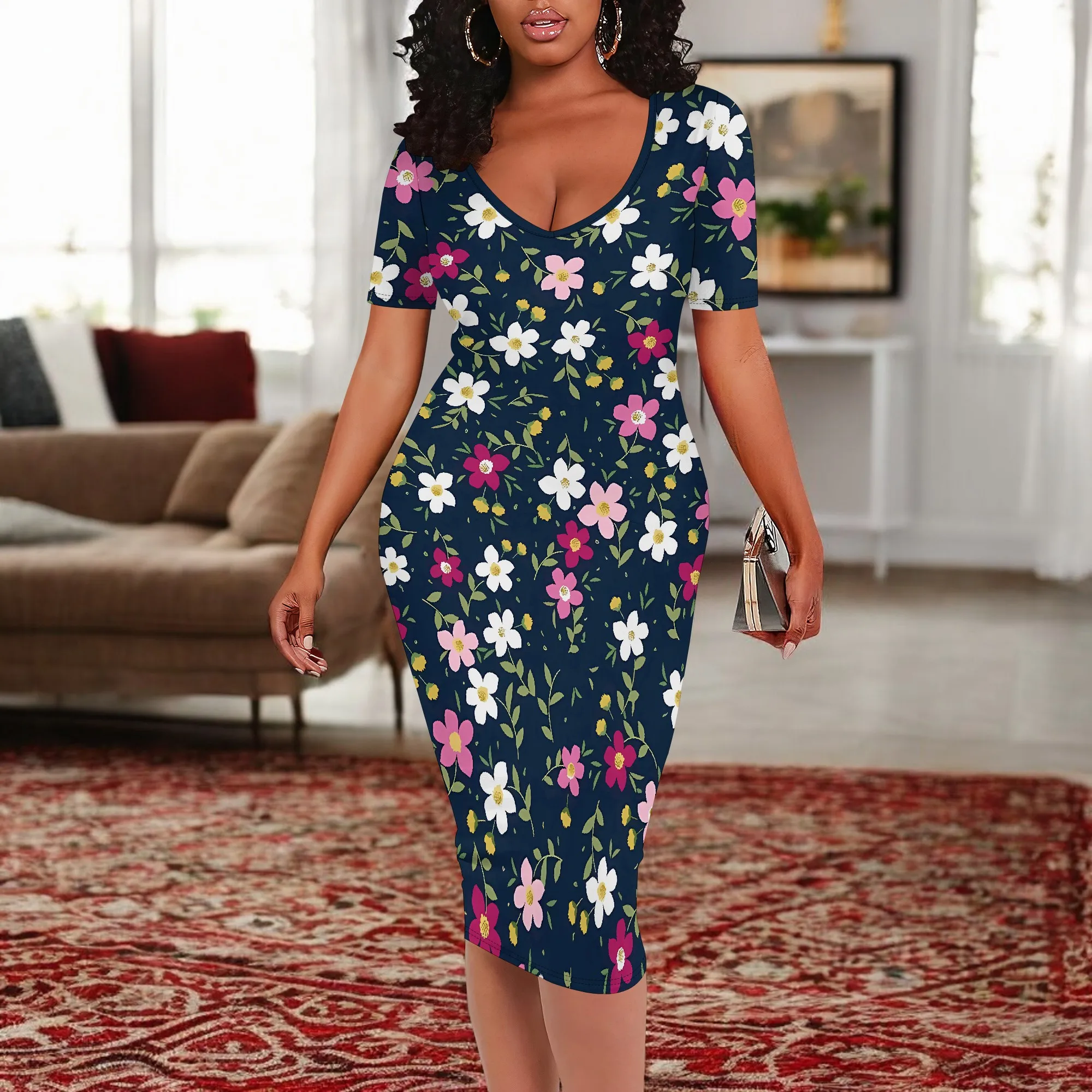 

Nupusa Women’s Floral Bodycon Midi Dress Short Sleeve V Neck Elegant Slim Fit Casual Dress