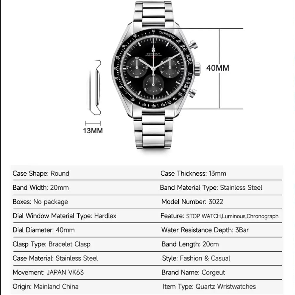 Logotipo personalizado corgeut 40mm vk63 quartzo cronógrafo relógio masculino à prova dwaterproof água часы муж ngaе couro esporte relogio homem relógios