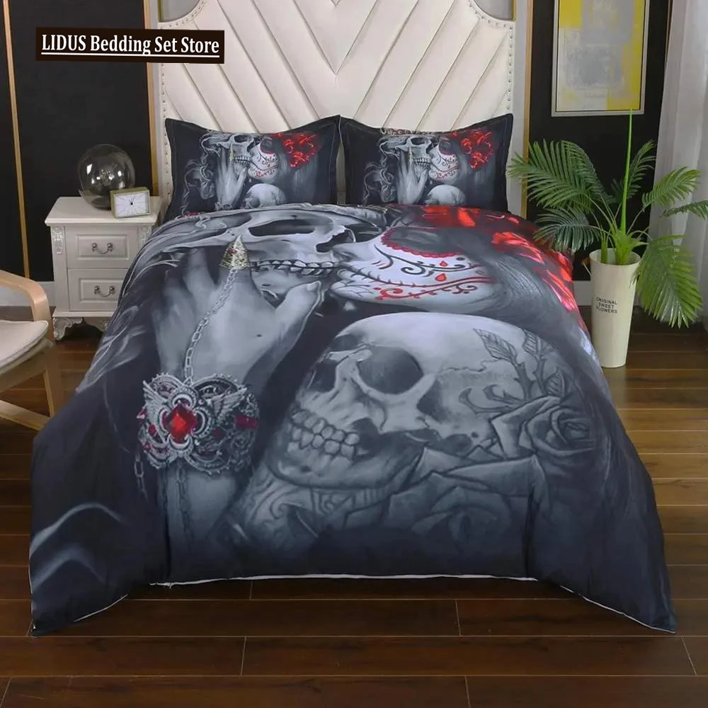 

Bedding Duvet Cover Sets,3D Dead Sugar Skull Girl Kissing Skull Home Bedding Set.Included: Duvet Cover,Pillowcase