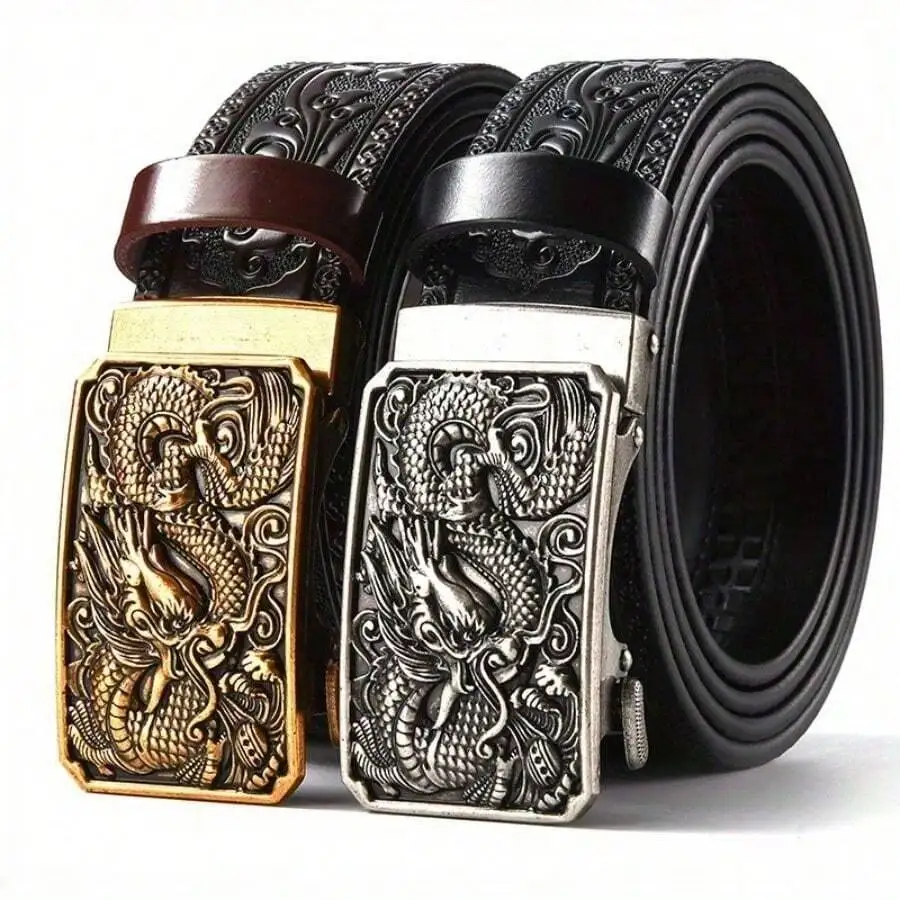 Genuine Leather Men belts Fashion Trendy Leather Alloy Automatic Buckle Casual Belt Carved Pants Strap Jeans Versatile Belt Men