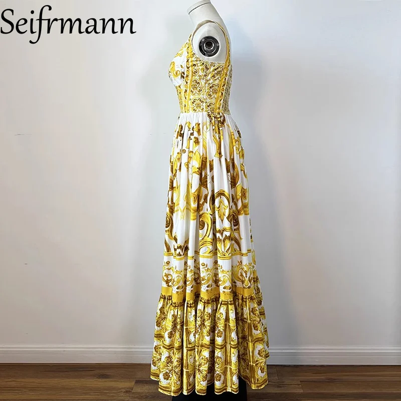 Seifrmann Modedesign Damen Partykleid Spaghettiträger Rückenfrei Print Temperament A-Linie Plissee Kleider