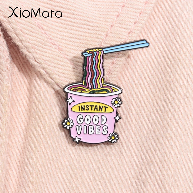 Instant Good Vibes Enamel Pin Cute Rainbow Noodles Self Love Brooch Lapel Backpack Badge  Fashion Jewelry Gift for Friends ﻿