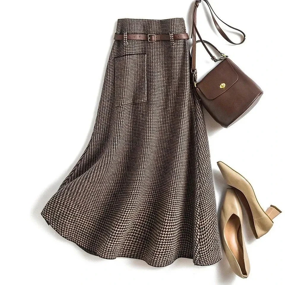 

Houndstooth Plaid Brown Vintage Knitted Woolen Women's Skirt Autumn High Waist Belt A-Line Mid-Calf Long Skirts For Women Z6