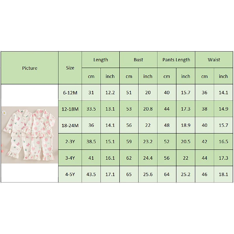طقم بيجامة من قطعتين للفتيات الصغيرات ، توبات بأكمام طويلة وبنطال طويل ، فراولة ، طباعة فراشة ، ملابس نوم للأطفال الصغار