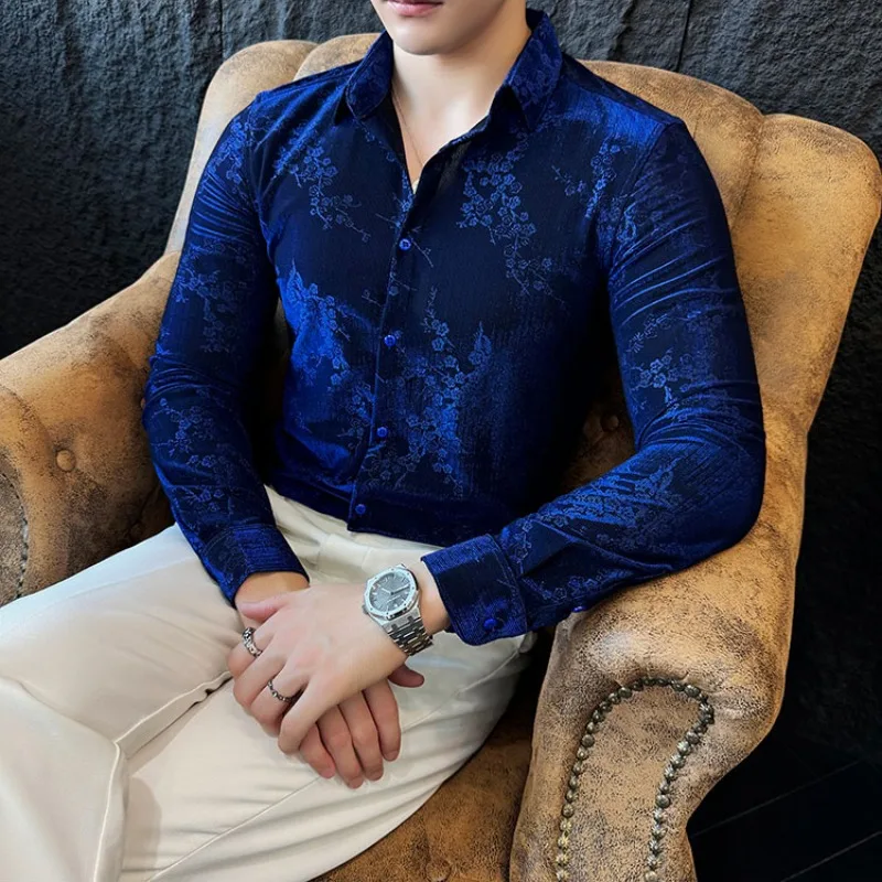 Luxury Velvet Long Sleeved Shirts for Men Autumn Winter Long Sleeve Floral Jacquard Casual Slim Shirt Social Party Tuxedo Blouse