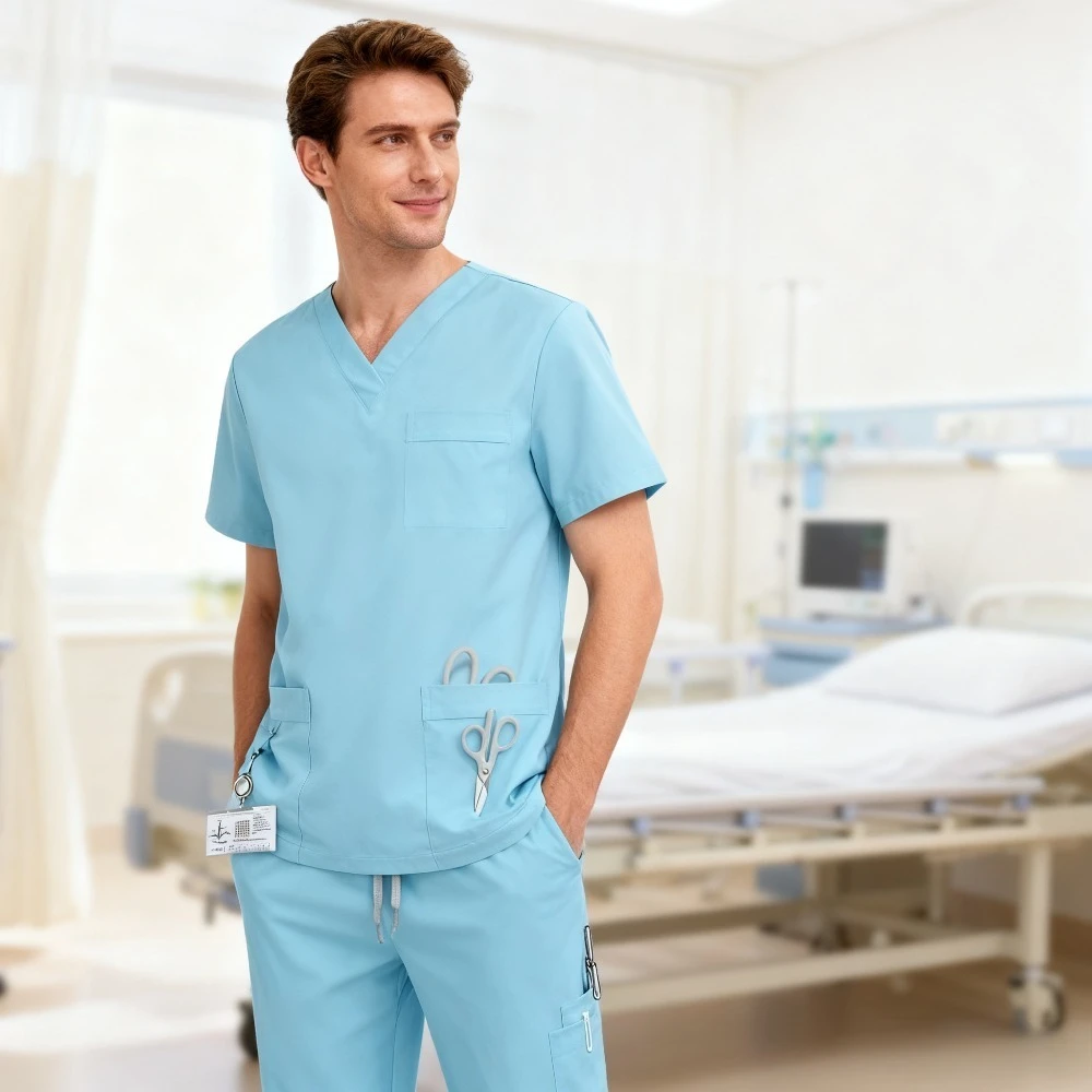 Nieuw product 2025, sneldrogende elastische handwaskleding, hetzelfde voor mannen en vrouwen, dokterskleding, tweedelige set