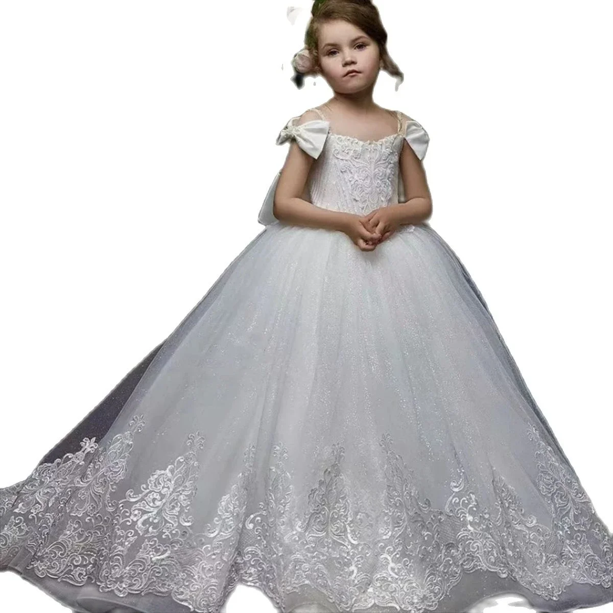 Vestido de niña de flores blanco esponjoso y brillante, Apliques de encaje, cinturón de pajarita, boda, flor elegante, vestido de cumpleaños de comunión para niños