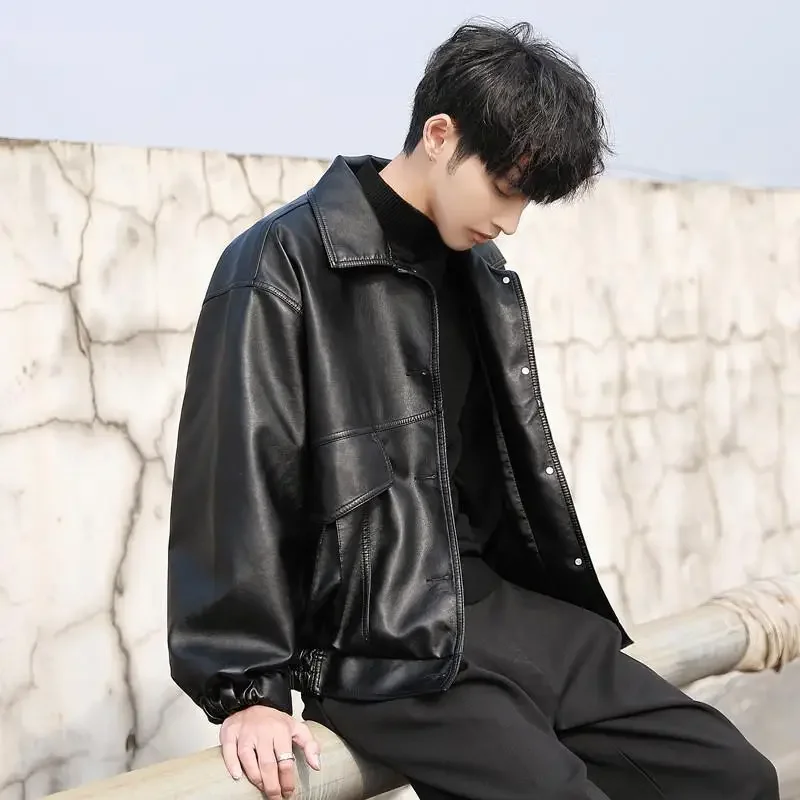 Korean Version of The Trend Handsome Loose PU Leather Clothes, Men's Spring and Autumn Fashion Locomotive Clothing Bomber Jacket