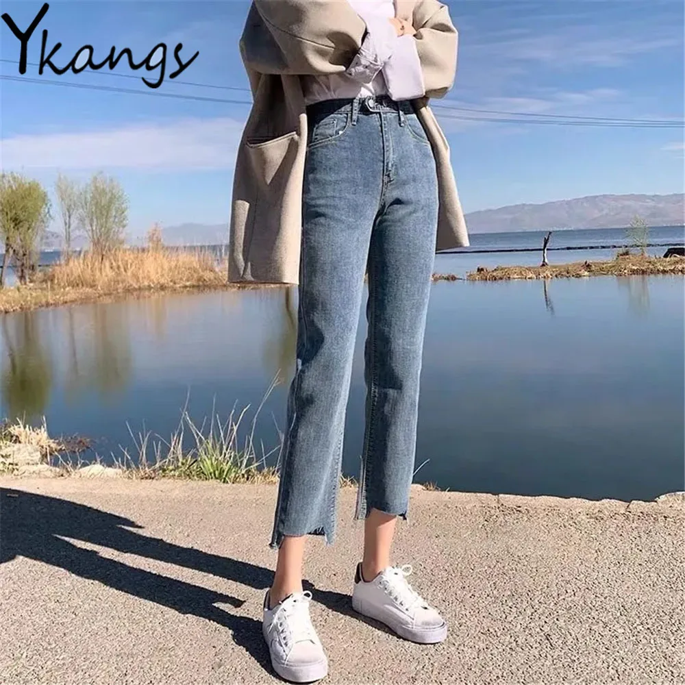 

Irregular Cut High Waist Stretchy Pencil Jeans Skinny Women Slimming Fit Denim Pant Tight Korean Simple Vintage Straight Trouser