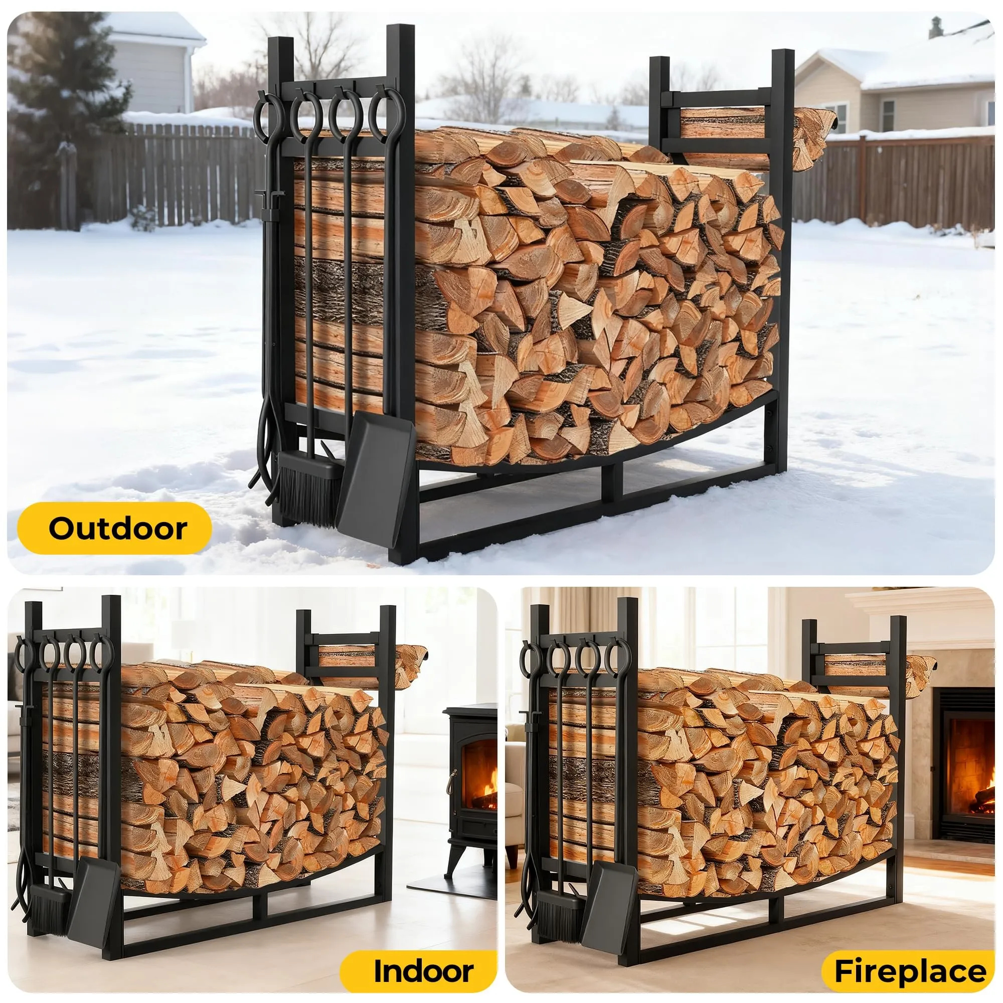34 in Heavy Duty Firewood Rack, Wrought Iron Indoor Outdoor Log Holder with Complete Fireplace Tools Set