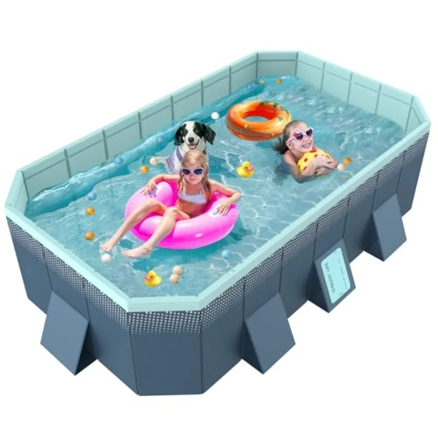 Backyard family pool: foldable non-inflatable framed swimming pool, steel frame with PVC liner, blue, easy setup and storage