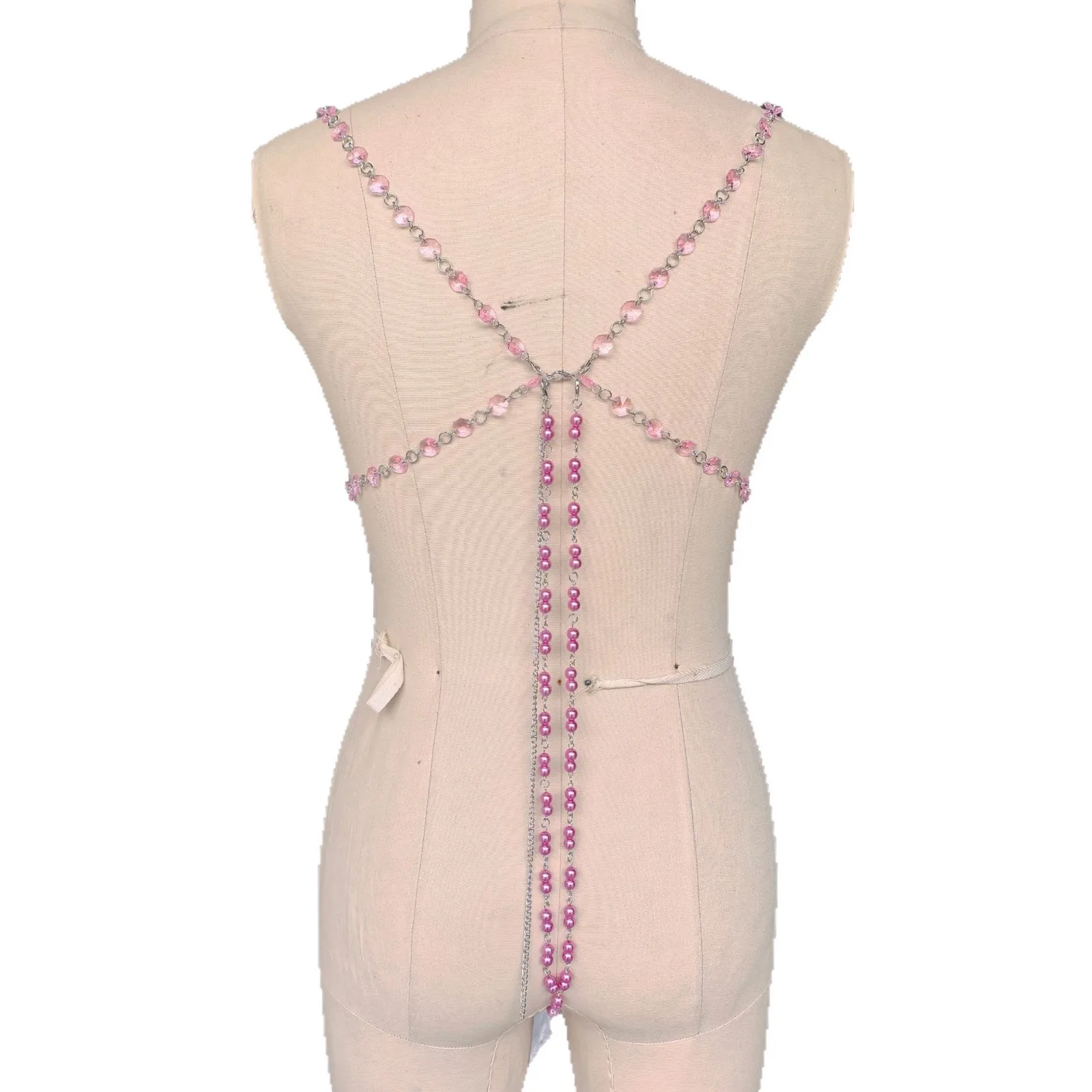 Handmade Women Festival Nightclub Wear Sexy Backless Deep V Neck Crystal Body Chain Pink Beaded Bodysuit