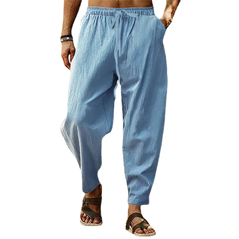 

2024 European and American Summer New Men's Oversized Breathable Cotton Linen Loose Casual Sports Pants