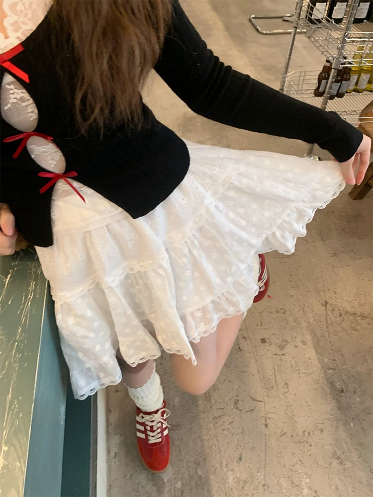 

OKJJ Белая кружевная юбка женская трапециевидной формы с высокой талией для похудения, универсальная юбка-торт, новинка ранней весны, хлопок, полиэстер...