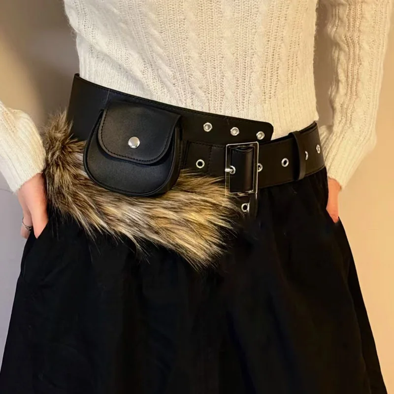 

Women Fashion Waist Bag hip-hop Design Faux Fur Splicing Belt Y2K Plush Waist Belt Chic Mini Bag Belt Club Party Waist Belt Bags