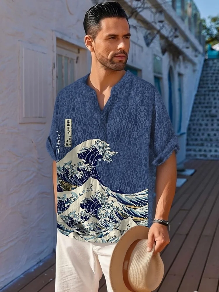 

Oversized Summer Tops 2026 New Men's Japanese Ukiyo-E Wave Print Linen Henley Shirt Holiday Short Sleeve Lightweight Breathable