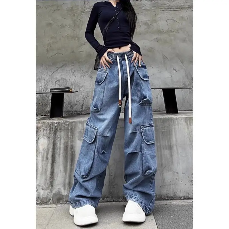 

2026 Spring New High Waist Straight Drawstring Cargo Soft Large Pocket Jeans Women's Trendy Pants
