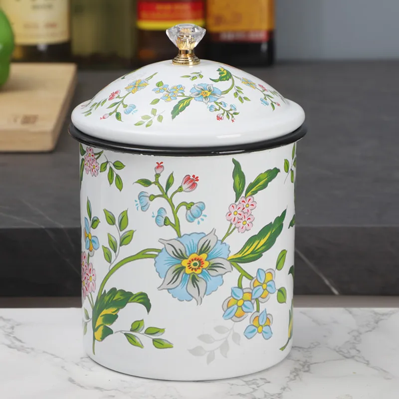 Enamel Storage Jar with Lid Retro Floral Enamel Tea Candy Biscuit Storage Container Large Capacity Home Kitchen Storager Bottle