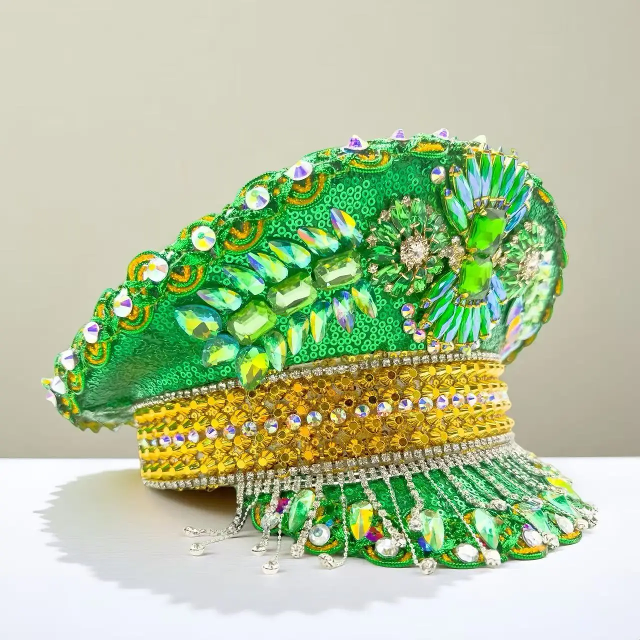 HongLuan Green Captain Hat Rhinestone for St. Patrick's Day Woman, Carnival Costume Hat Adult & Cosplay Female Accessories
