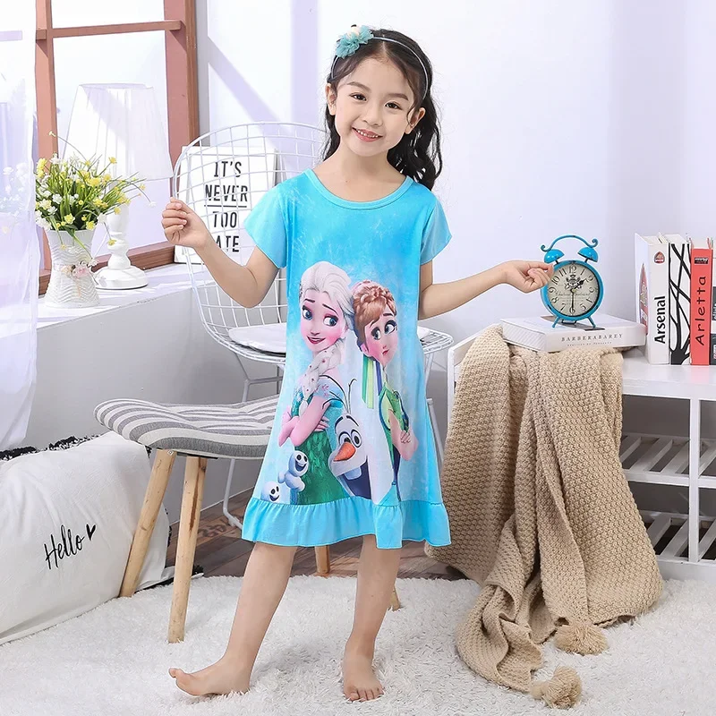 

Disney children cartoon Frozen Elsa home clothing summer girl sleepwear robe princess nightgowns cotton pajama lovely dress