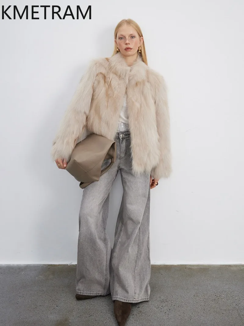 KMETRAM Real Fox Fur Jacket Women 2026 New Elegant Stand Collar Loose Warm Short Genuine Fur Winter Overcoat Woman Шуба Женская