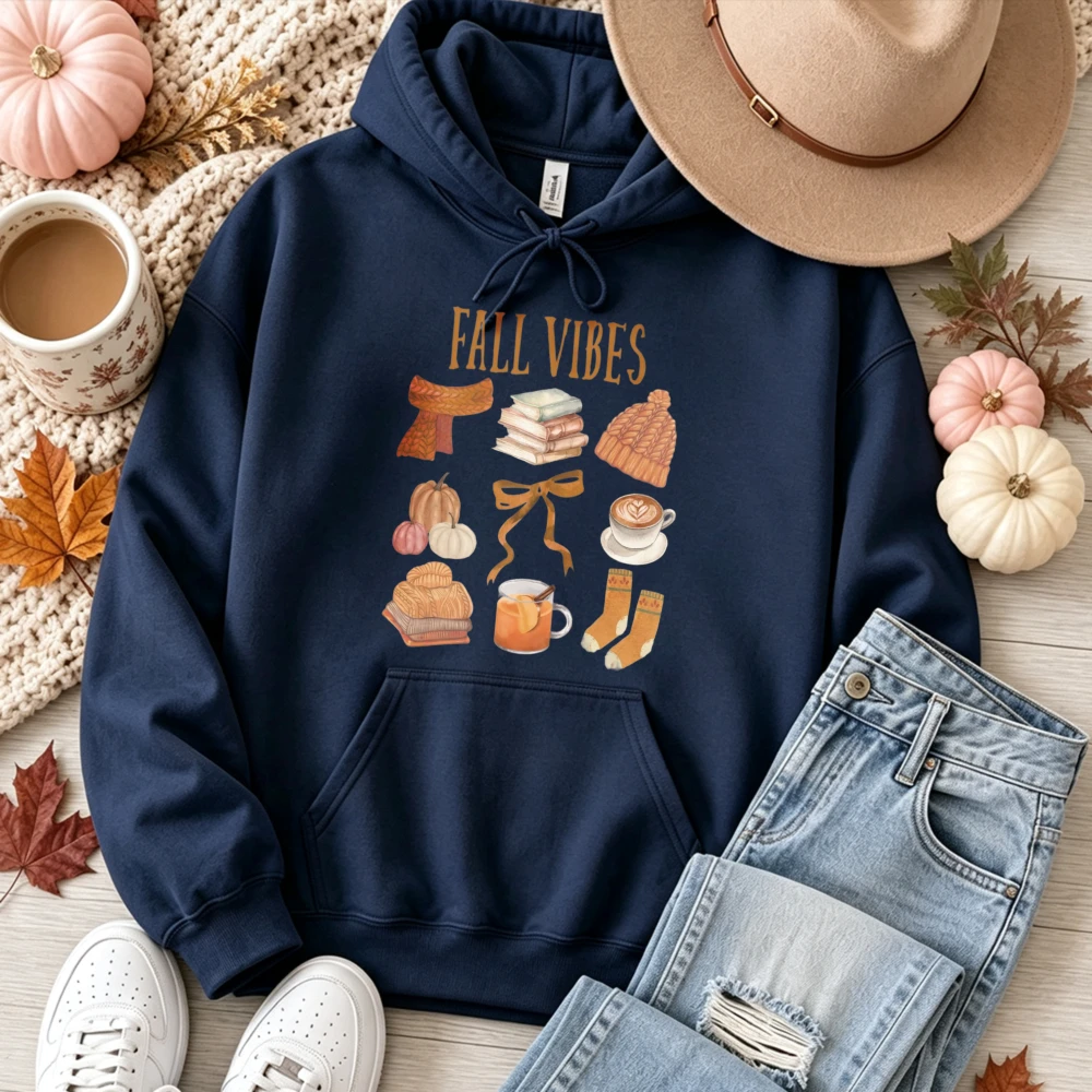 Fall Vibes Autumn Essentials Pullover Pumpkin Coffee Books Scarf Beanie Socks Bow Print Casual Thanksgiving Season Warm Cozy Top