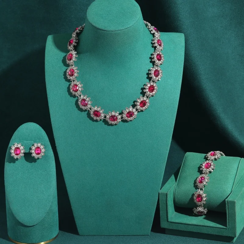 Vintage Red Crystal Oval Rhinestone Jewelry Sets Necklace Bracelet Earrings Emerald Luxury Classic Wedding Gifts For Women
