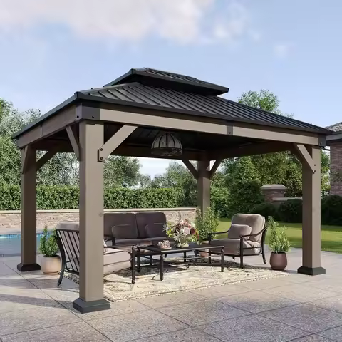 10x12ft Hardtop Wood Gazebo, Galvanized Steel Double Roof, Cedar Wood Pavilion for Patio/Garden/Deck