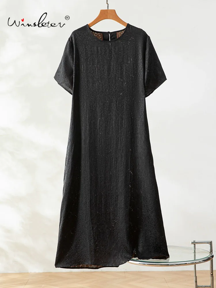 Winsleter-Women 100%Real Silk Watered Gauze Elegant Dress, O Neck Jacquard, Retro Commute Casual Dresses, 2025 Autumn D58406CC