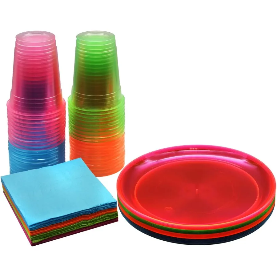 

Набор принадлежностей для вечеринок Blacklight UV Glow in The Dark Kit 9-дюймовые тарелки 12 унций. Стаканчики бумажные Салфетки 128 шт. Ассорти Неоновые