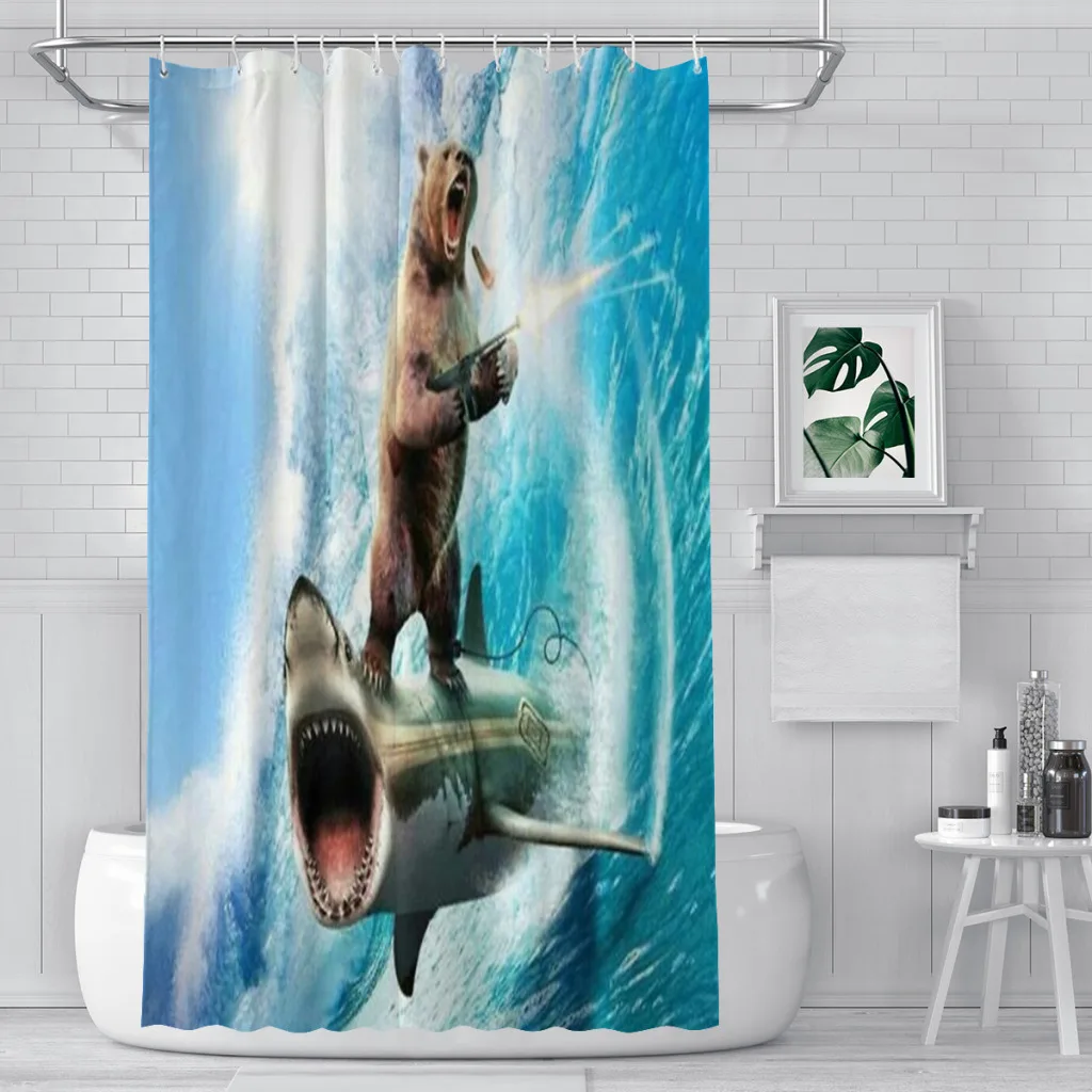 

Shower curtain Bathroom Bear Surfing On Shark decor Modern household items Bathroom curtain gift