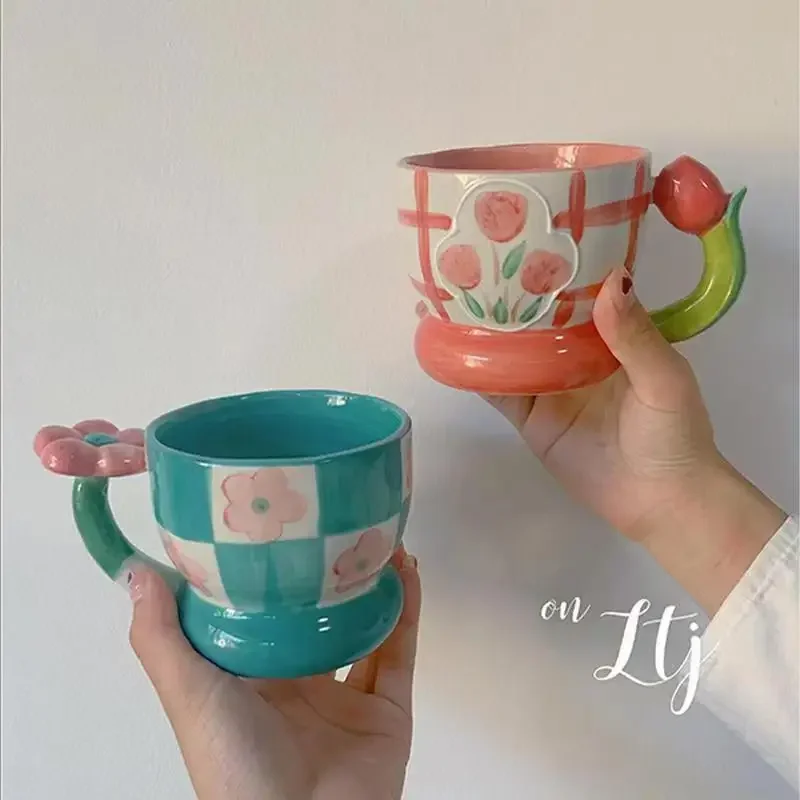 Creative Hand-Painted Three-dimensional Tulip Ceramic Cup Hand Pinching Flower Cup Large Capacity Mug Coffee Cup