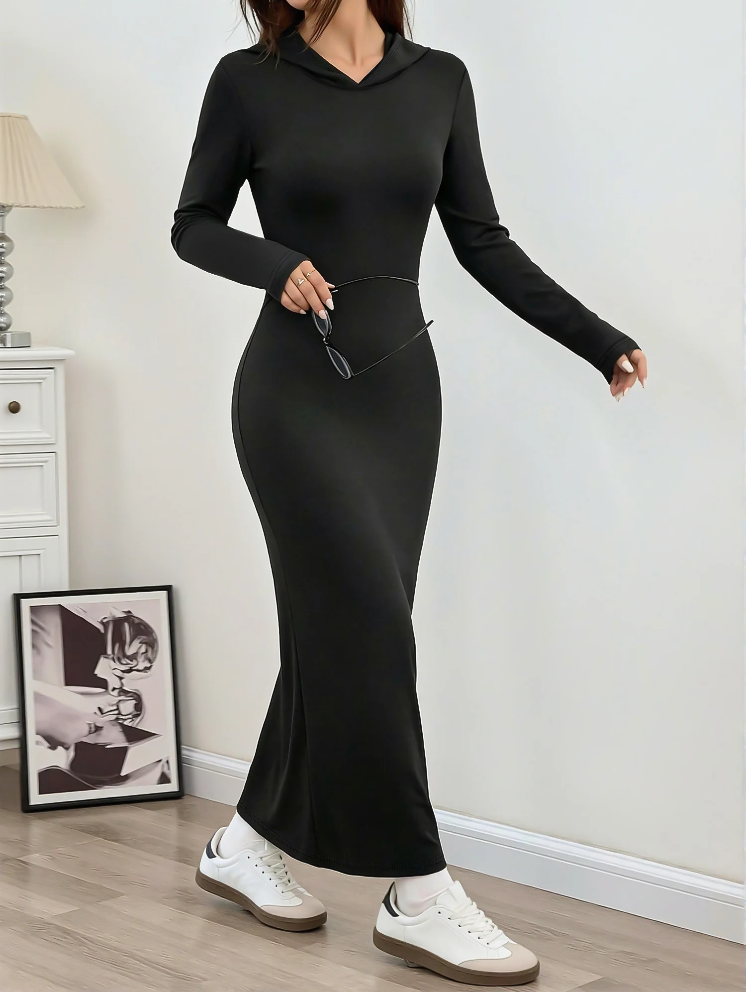 Robe maxi sweat-shirt à capuche et manches longues, robe sirène à ourlet évasé sculptant le corps pour les looks street-style et les tenues d'influenceurs