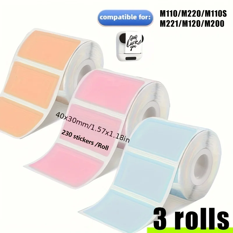 Colorful 3pcs, each roll contains 230 stickers - 40*30mm compatible with M110/M221/M220/M120/M200, suitable for barcode/postage