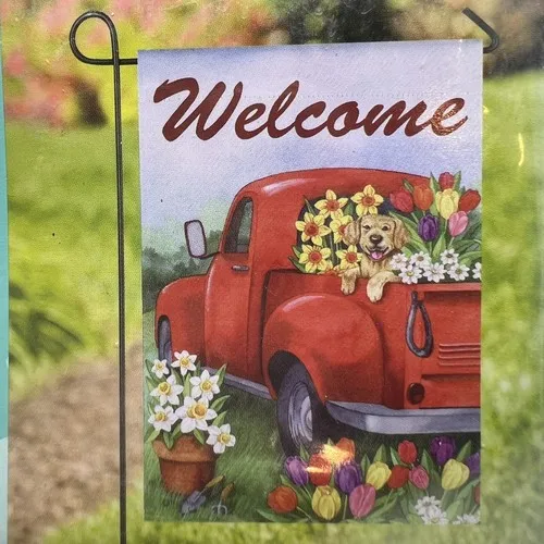 GARDEN FLAG  TULIP TRUCK DOG WELCOME NEW SPRING GARDEN FLAG AAV hhz