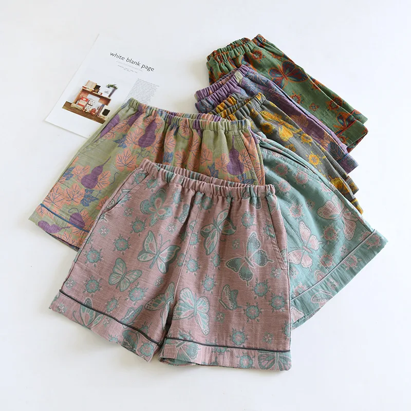 2026 Japanese Summer New Women's Shorts 100% Cotton Vintage Yarn Weaving Printed Sleepwear Thin Loose Pocket Shorts Home Pants