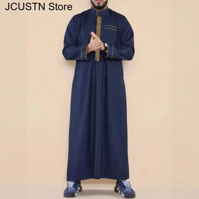 Men's Loose Robe Arab Muslim Men's Thobe with Long Sleeves Embroidered Stand Collar Islamic Men's Traditional Clothing