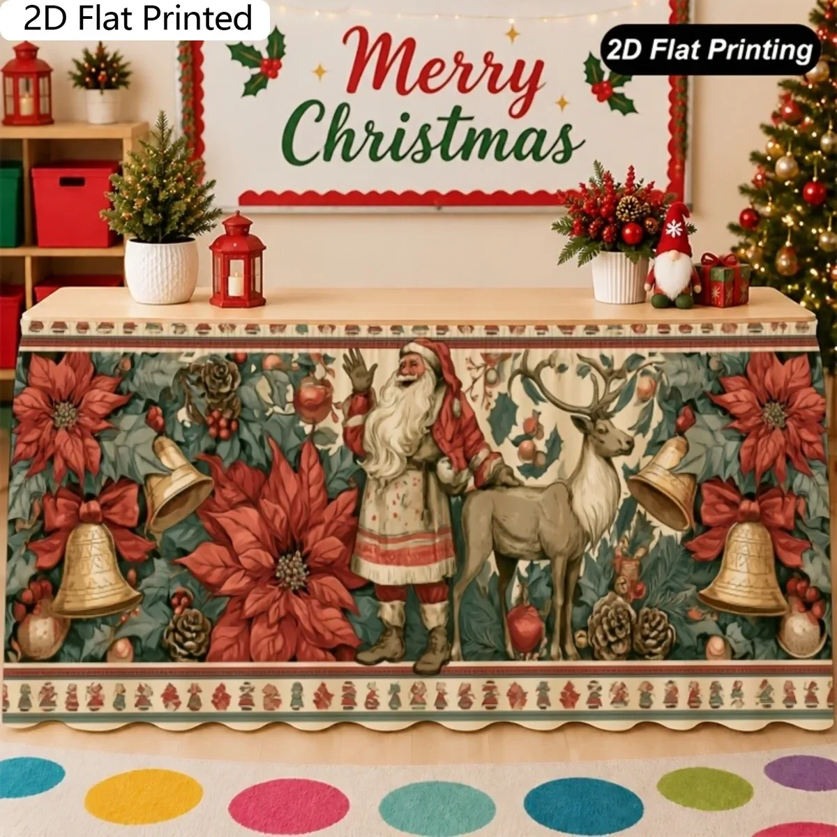 1. PC table skirt tablecloth 2D plane printing Christmas Santa Claus reindeer bell table skirt