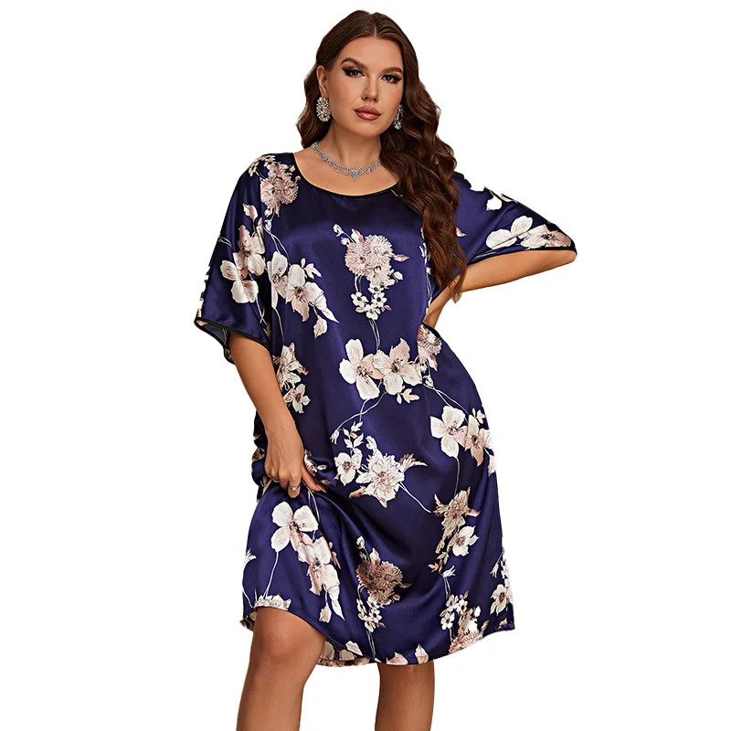 Plus Size Pajamas Women's Mid-length Printed Pullover Dress Summer New Home Wear Nightgown