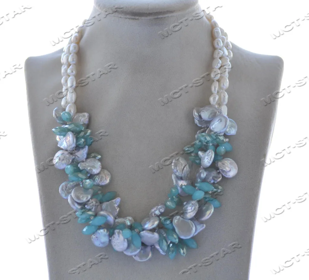 

Z12379 3row 18'' White Baroque Gray Coin Pearl Green Faceted Crystal Necklace