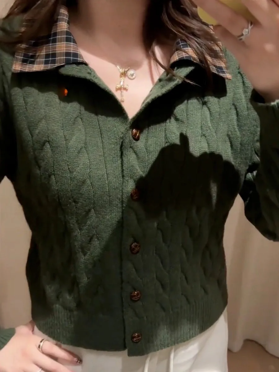 Große Größe Herbst Winter Koreanische Plaid Spleißen Twist Stricken Casual Vielseitig Gestrickte Offene Strickjacke Einzigartige Exquisite Pullover