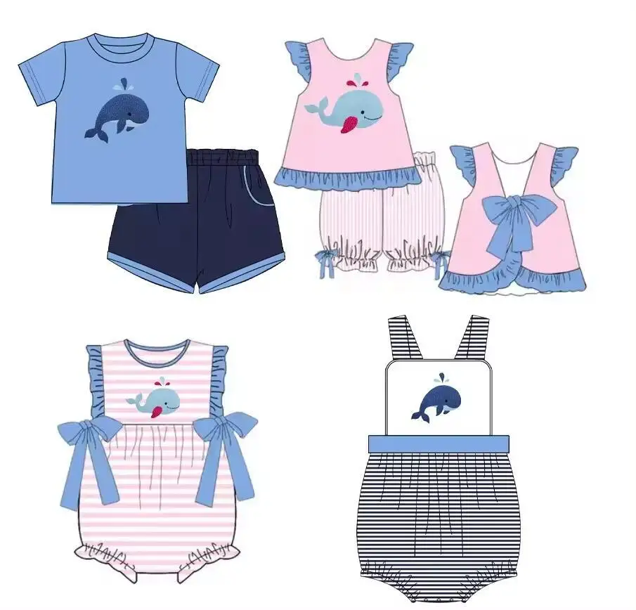 Boutique toddler suit whale print girl pink pearl clothes boy blue suit toddler jumpsuit black and white striped